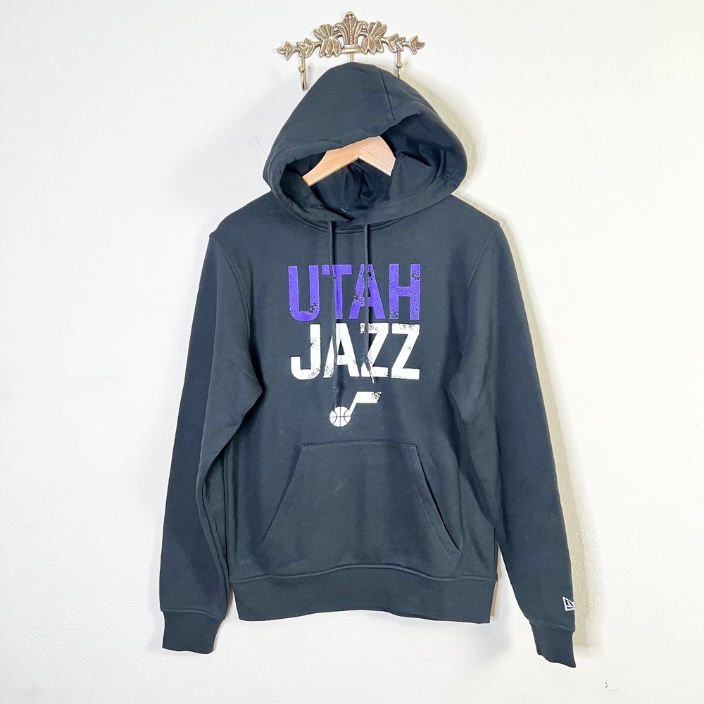 Utah Jazz Hoodie New Era Pullover Mens Size S Black Distressed Logo Fleece New